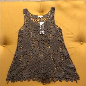 Brownish Grey cotton-knitted lace tank
